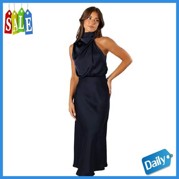 Sleeveless Halter Midi Dress with Button Back, Satin Feel - Picture 2 of 7